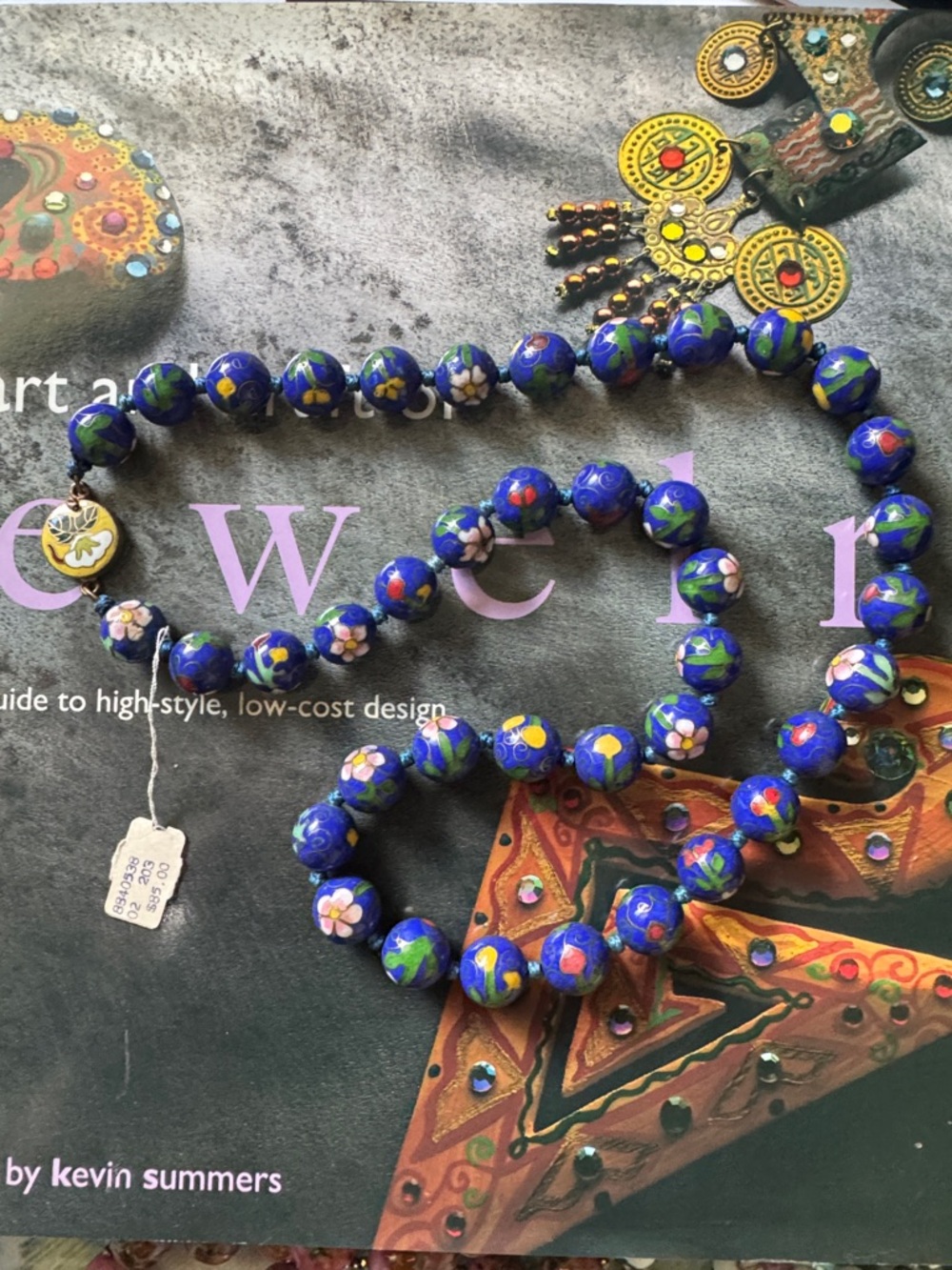 Vintage cloisonné Floral Bead Necklace with tag still attached